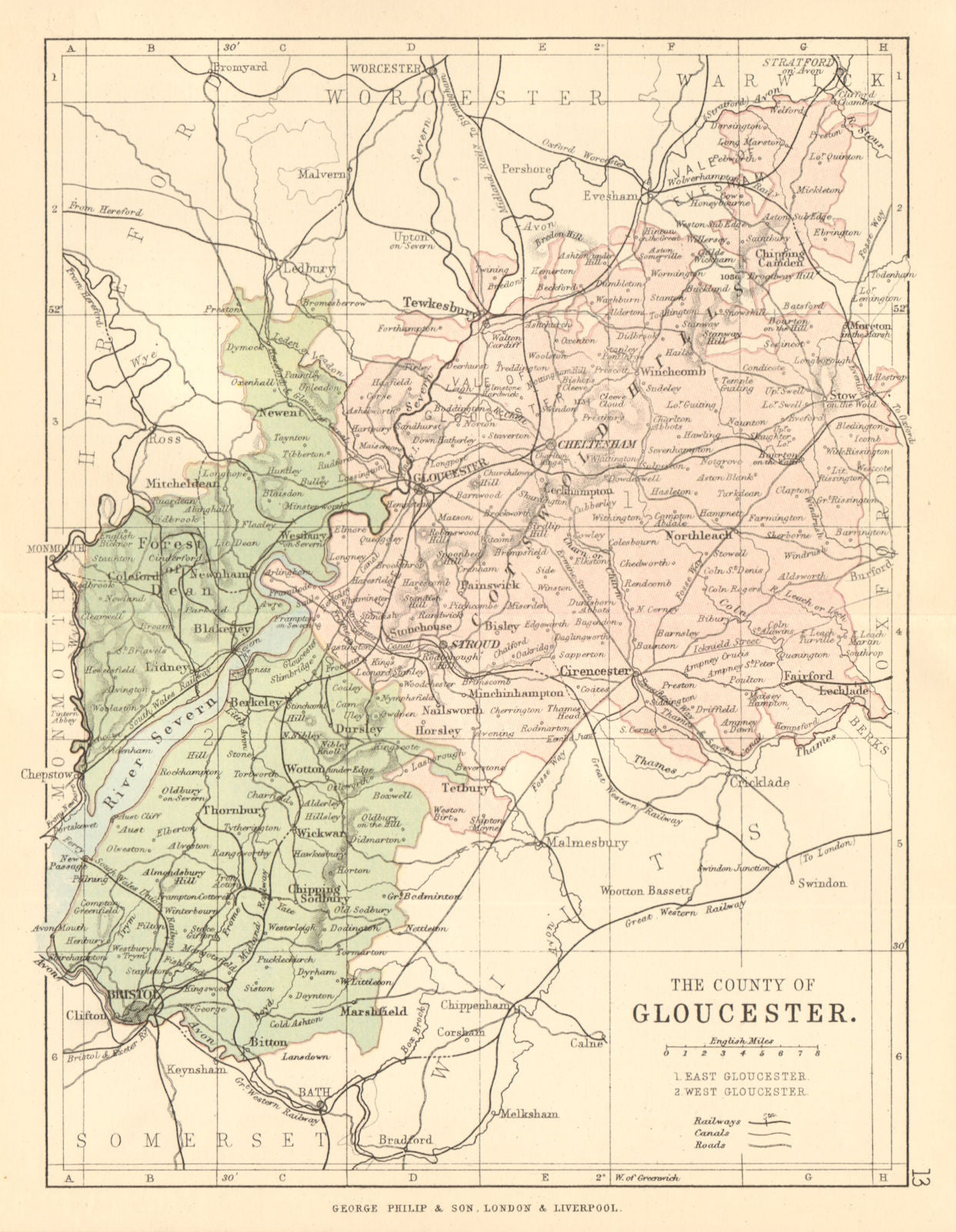 GLOUCESTERSHIRE. County map. Railways canals. Constituencies. PHILIP 1884